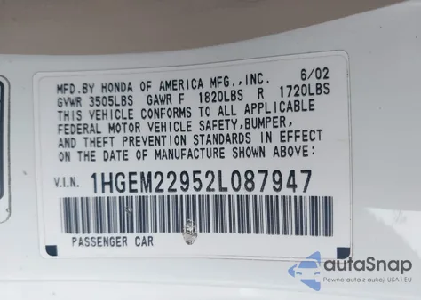 2002 Honda Civic Ex z USA, uszkodzony, nr VIN 1HGEM22952L087947